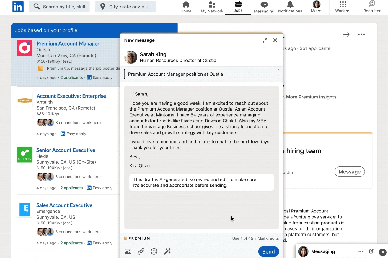 Imagem relacionada a LinkedIn testa nova funcionalidade de IA para gerar mensagens personalizadas para candidatos