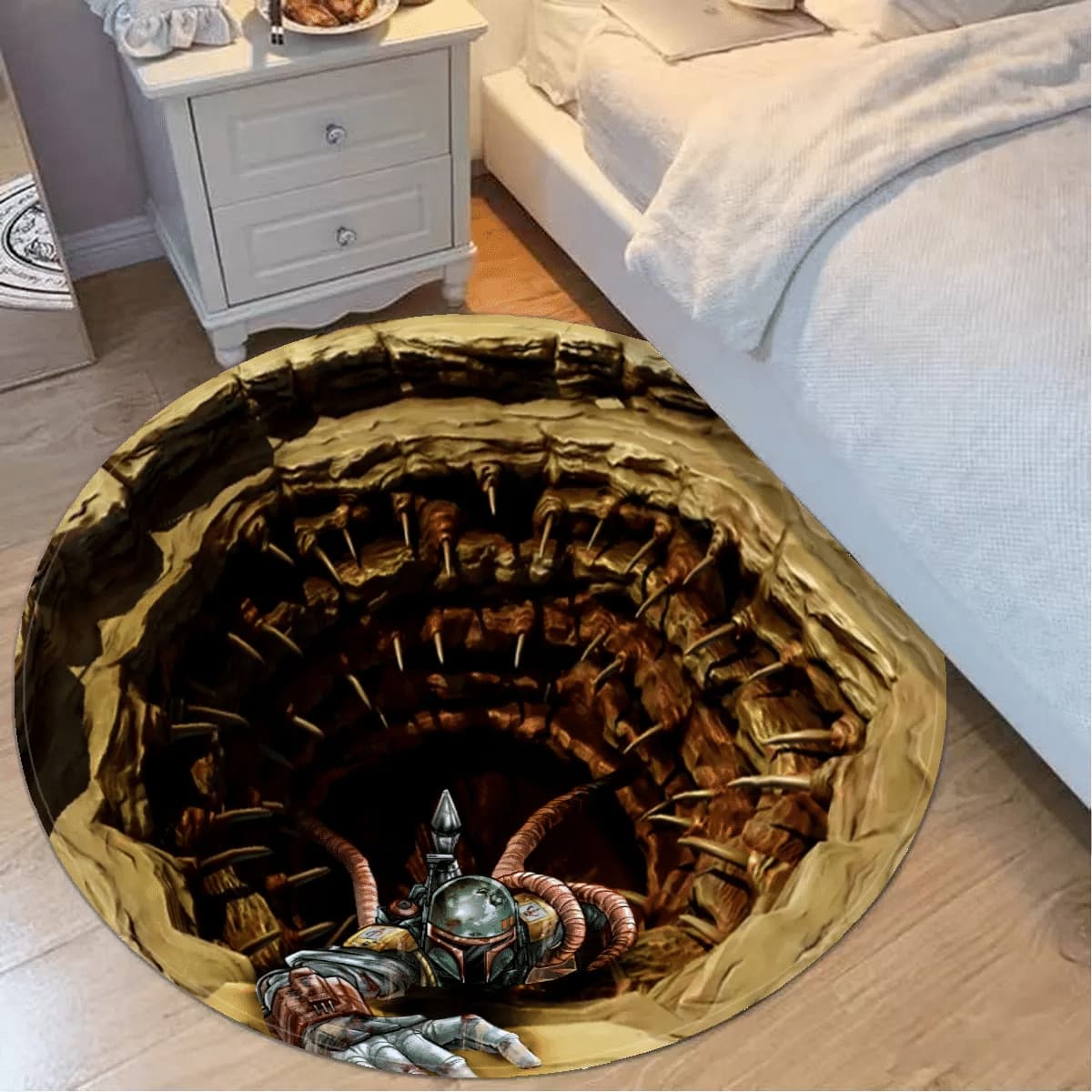 Imagem relacionada a Tapete de ilusão de ótica recria Boba Fett escapando do poço de Sarlacc